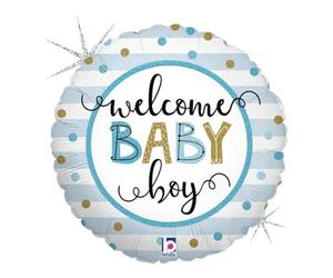 Grabo Balloons - BALLON ALU ROND RAYÉ BLEU WELCOME BABY BOY 46CM