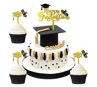 Graduation Cake Topper, KANOSON 1 Happy Graduation Cake Topper and 3 Gold Graduation Cap Toppers, Acrylique Décoration de Gâteau de Remise des Diplômes