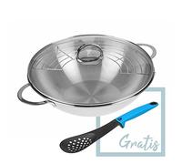 GRÄWE Wok en acier inoxydable de 32 cm avec couvercle en verre et grille de rangement