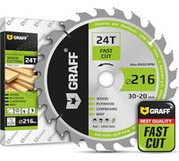 GRAFF Lame de Scie Circulaire à Bois 216 x 30 mm 24 Dents (anneau 20 mm) - Idéale pour Fines Dans le Bois Tendre et Dur - Compatible Scies À Onglets Et Scies De Table avec Dewalt Makita Bosch