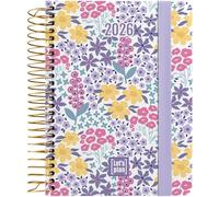 Grafoplas Agenda 2026 un jour par page A6, espagnol, design Bloom, avec autocollants, couverture rigide, toucher doux, spirale, fermeture élastique, de janvier à décembre, FSC, 328 pages à planifier