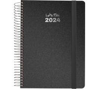 Grafoplás | Agenda annuel 2024 | Noir | Espagnol | 15 x 21 cm | Spirale | Jour par page | Couverture rigide doublée tissu métallisé | Fermeture élastique | Série Metallic | Parfait pour planifier