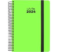 Grafoplás Agenda annuel 2024 | Vert Néon | Espagnol | 15 x 21 cm | Avec spirale | Jour par page | Couverture rigide doublée papier FSC | Fermeture en caoutchouc | Série Néon | Parfait pour planifier