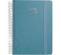 Grafoplas Agenda annuel 2025 1 jour par page a6 Modèle Fancy Bleu espagnol Couverture rigide doublée tissu Fermeture élastique Avec autocollants icônes et messages de janvier à décembre FSC
