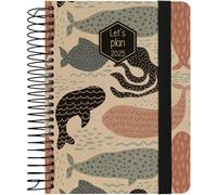 Grafoplás Agenda annuel semainier 2025 A6 | Nature Design baleines | Espagnol | Spirale | Couverture rigide papier kraft et carton recy ermeture élastique | De janvier à décembre | Avec