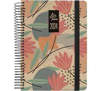 Grafoplás Agenda Jour Page 2024 | 15 x 21 cm | Espagnol | Modèle Design Flores | Série Nature | Couverture rigide | Couverture en papier kraft et carton recyclé 100% | Fermeture élastique | Couvercle