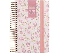 Grafoplás | Agenda Jour Page 2024 A6 | Espagnol | Design Lily | 10,5 x 16,5 cm | Avec spirale | Couverture rigide doublée en tissu imprimé| Fermeture élastique | Parfait pour gérer votre temps