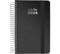 Grafoplás | Agenda Semaine Vue 2024 | Noir | A6 | Espagnol | Série Métallique | Spirale | Couvercle Dur doublé Tissu | Fermeture Élastique | De Janvier à Décembre Année 24| Parfait pour gérer votre
