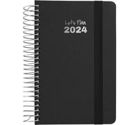 Grafoplás | Agenda Semaine Vue 2024 | Noir | A6 | Espagnol | Spirale | Couverture rigide doublée tissu | Fermeture élastique | De Janvier à Décembre Année 24 | Série Fancy | Parfait pour gérer votre