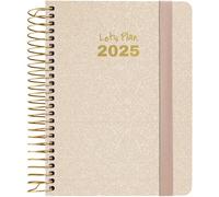 Grafoplas Agenda semainier 2025 A6 en espagnol à spirale, couverture rigide doublée, tissu métallisé, fermeture élastique, de janvier à décembre, avec autocollants, FSC
