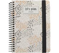 Grafoplas Agenda semainier 2025 format A6, modèle Ivy, espagnol à spirale, couverture rigide doublée en tissu, fermeture élastique, avec autocollants, certifié FSC