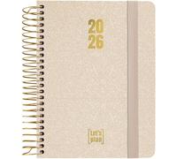 Grafoplas Agenda semainier 2026 A6 en espagnol avec autocollants, couverture rigide doublée tissu métallisé, spirale, fermeture élastique, de janvier à décembre, FSC, 120 pages de planification