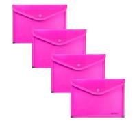 Grafoplas - Lot de 4 pochettes porte-documents en plastique avec fermeture bouton, passepoil tissu, 24,5 x 17,5 cm, couleur fuchsia translucide, pour petits documents A5 ou moins, parfait comme
