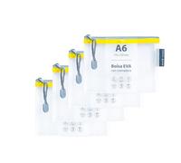 Grafoplas Lot de 4 sacs avec fermeture éclair EVA A6 | Fabriqués en caoutchouc EVA transparent | fermeture éclair jaune | Idéal pour transporter tout type de petits articles, documents, cosmétiques ou