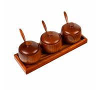 Gralara 3 Pièces Ensemble Rangement D'épices Plateau Compact Pot à Asisonnemen Cuillère En Bois Écologique lière Cvercle, Style A