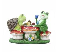 Gralara Sculpture en Résine Grenouille et Statue de Jardin Ornement de Table Figurine Solaire Scène Autour de Tabourets Adaptée aux Patios Pelouses Ombragés Moments
