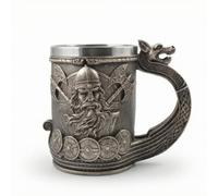 Gralara Tasse Gobelet Stein Doublé Inox 600 Ml avec Anse Dragon Relief Guerrier Haches et Écus Adaptée aux Fans de Médiéval Fantastique Cadeaux Bureaux à Domicile