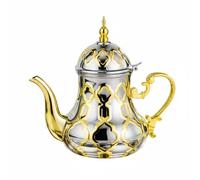 Gralara Théière Acier Inoxydable Pot Boisson Métal Poli Décor Fabrication Orientale Verseuse Classique Couvercle Courbé Adaptée Réunions Famille Maison, Marocain, Bicolore Or Et Argent, Motif Ajouré