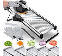 Gramercy Mandoline Cuisine Réglable en Inoxydable, Gants Anticoupure Inclus | Tranches Précises sans Effort, Épaisseur Réglable, Julienne 4,5 et 9 mm, Poussoir, Protège-Lame, Brosse, Design Pliable, Sûr