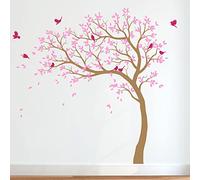 Grand arbre mural sticker autocollant pour chambre d'enfant avec oiseaux et arbre KW032 (Branches à gauche, Marron Clair; Rose Doux; Rose Chaud)