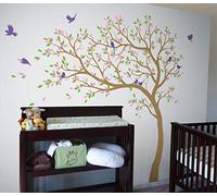 Grand arbre mural sticker autocollant pour chambre d'enfant avec oiseaux et arbre KW032 (Branches à gauche, Marron Clair, Vert Citron, Rose Clair, Lavande)
