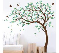 Grand arbre mural sticker autocollant pour chambre d'enfant avec oiseaux et arbre KW032 (Branches à gauche, Marron, Vert Citron, Turquoise)
