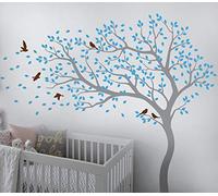 Grand arbre sticker mural arbre mur vinyle autocollant soufflant dans le vent arbre sticker mural pour pépinière 098 (Gris, Bleu glacier, Brun)