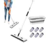 Grand Balai Plat Et Système De Seau, 360° Rotation Balai Serpillère Absorbant avec 6 Coussinets en Microfibre Réutilisables Secs Et Mouillés (Blanc+ 6 Pcs Rag + Seau)