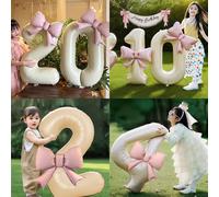 Grand ballon en aluminium avec chiffres blanc crème de 40 pouces, avec nœud rose 1- 10 pour décoration de scène de fête d'anniversaire/anniversaire, accessoires Photo 0 with bow-B