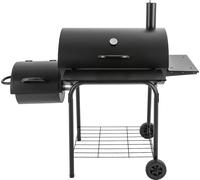 Grand barbecue au charbon de bois - Fumoir d'extérieur - Surface de cuisson : 39 x 34 cm - avec cheminée, table latérale et 2 roues - pour ≥ 10 personnes - noir