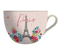 Grand bol Paris Tour eiffel avec une anse - Motif Paris en fleurs sur fonds rose - matière porcelaine fine - contenance 670ML