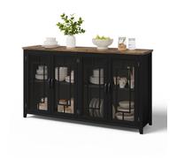 Grand Buffet de Cuisine de 160 cm avec Portes Vitrées - Buffet Bas Noir de Rangement - Vaisselier Moderne pour Salle à Manger