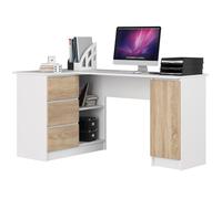 Grand bureau d'angle AKORD gauche B20 Blanc 155 cm 1 porte 3 tiroirs façade Chêne Sonoma 4 étagères 155x85x77 cm
