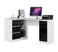 Grand bureau d'angle AKORD gauche B20 Blanc 155 cm 1 porte 3 tiroirs façade Noir Brillant 4 étagères 155x85x77 cm