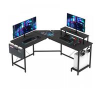 Grand Bureau Gaming d'angle avec Multiprise - Forme de L - Avec Support d'écran et Sac de rangement - 158x131x75 cm - Noir