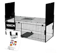 Grand Cage Trappe Chat Piège Fouine Piege Vivant Cage Attrape 108x28x34cm | Piège à Animaux Vivants Réutilisable pour Chats Fouine Martre Lapin Renards et Ratons, 2 Entrées, Pliable, Poignée, Noir