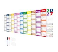 Grand calendrier mural horizontal 2027 - Avec stylo - Pour la maison et le | 99,8 x 41,9 cm | Papier épais de qualité supérieure de 270 g | Planificateur mural annuel sur 12 mois avec 2 stylos et 8