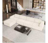 Grand Canapé 5 places modulable en Velours Côtelé, avec pouf et 4 coussins, 404x202x82cm, Beige