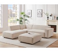 Grand canapé d'angle gauche et pouf en velours côtelé beige BORORE