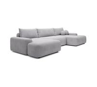 Grand canapé d'angle panoramique convertible en tissu texturé gris clair DAVISO