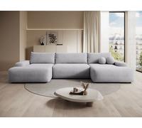 Grand canapé d'angle panoramique convertible en tissu texturé gris clair DAVISO