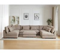 Grand canapé d'angle panoramique et pouf en tissu beige SPERONE
