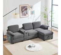Grand canapé en tissu avec mousse confortable, 2 porte-gobelets, canapé avec port USB-C, poche latérale, plateau de rangement, compartiment de rangement mobile Dark Gray