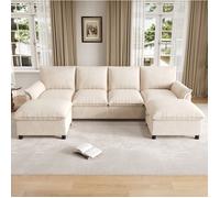 Grand canapé en U modulable, d'angle, assise profonde, 2 poufs amovibles, dossier haut, Beige, 264.5x142.5x84 cm