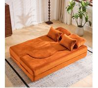 Grand canapé orange moderne au sol avec 4 coussins, matelas pliant en mousse haute densité, idéal salon et chambre