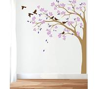 Grand coin arbre sticker mural avec de grandes fleurs, des oiseaux et des feuilles de chambre d'enfants art mural autocollant mural 087 (Branches à gauche, Marron Clair, Lavande, Lilas, Marron)