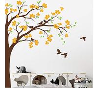 Grand coin arbre sticker mural avec de grandes fleurs, des oiseaux et des feuilles de chambre d'enfants art mural autocollant mural 087 (Branches à droite, Marron; Vert tilleul; Jaune doré)