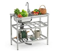 Grand Évier Cuisine 1 Bac avec Plate-Forme D'exploitation, Évier Autoportant avec Porte-Serviettes et Robinet, Évier Utilitaire INOX, évier d'extérieur pour Cuisine, Garage(Double-layer)