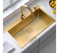 Grand évier de cuisine Nano doré de qualité supérieure avec robinet extractible Design station de travail comprend des accessoires - Lavabo simple élégant pour cuisines contemporaines facile à