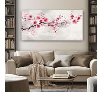 Grand Japonais Fleur de Cerisier Tableau Decoration Murale Salon Aquarelle Branche Impression sur Toile 70x140 cm Peinture sur Toile Sans Cadre pour Chambre Cuisine Bureau Horizontal Poster Mural